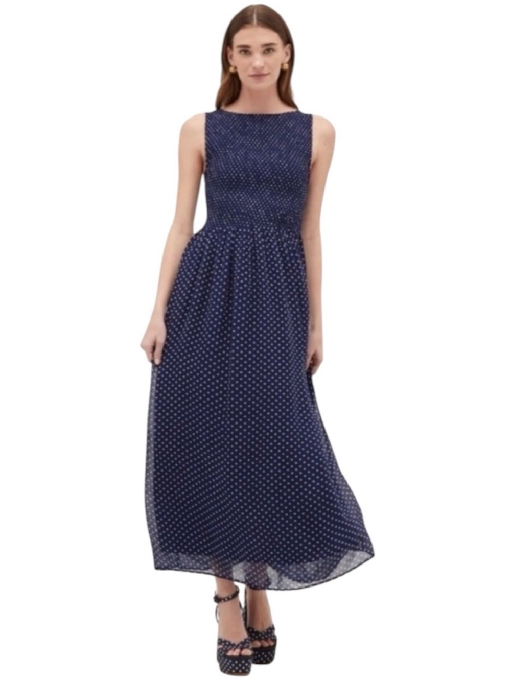 Hill House Cosima Nap dress. Navy Polkadot Georgette. M. EUC